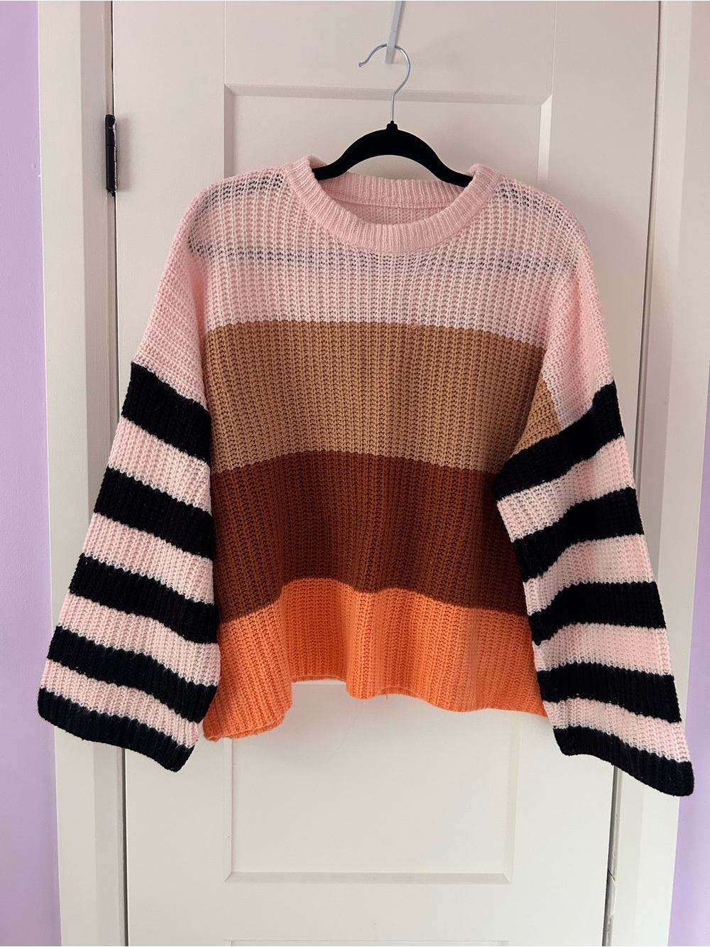 Striped Colorblock Knit Sweater - Pink, Brown, Orange